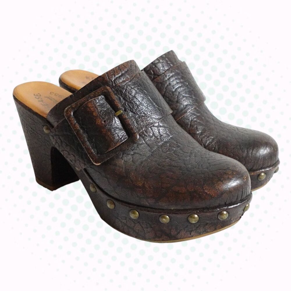 Kork-Ease Dark Chocolate Brown Leather Buckle High Heel Mule Clogs Size US 6